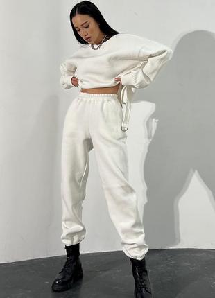 Костюм - двойка теплый спортивный, из турецкой ткани, худи с фигурным низом, штаны, белый2 фото