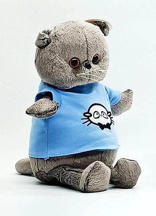 Кот басик в голубой футболке плюшевый котик мягкая игрушка высотой 30 см