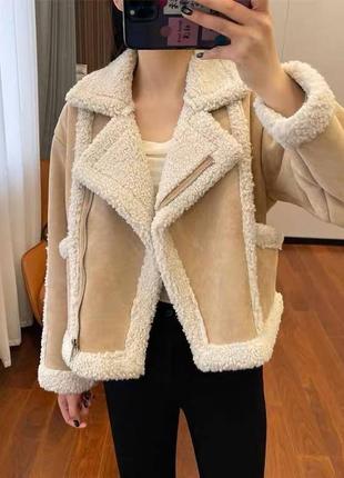 Бежевая куртка авиатор zara- s,m. косуха, дубленка короткая7 фото