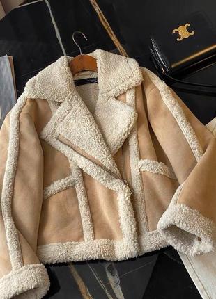 Бежевая куртка авиатор zara- s,m. косуха, дубленка короткая8 фото
