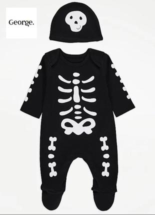 Комбинезон человечек ползунки и шляпа со скелетом на хэллоуин для новорождённых george