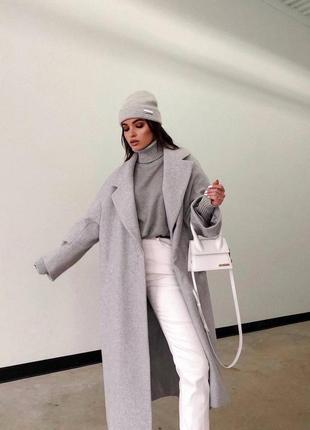 Пальто жіноче кашемірове сіре однотонне з поясом оверсайз якісне стильне базове