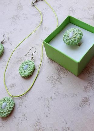 Комплект полимер серьги кулон кольцо мятный салатов зелён натур камень серёжки лот подвеск перстень кульчики бохо стил бижут