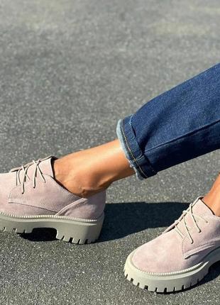 Стильні жіночі туфлі броги замш шнурівка колір пудра розмір 40 (26 см) (42902)