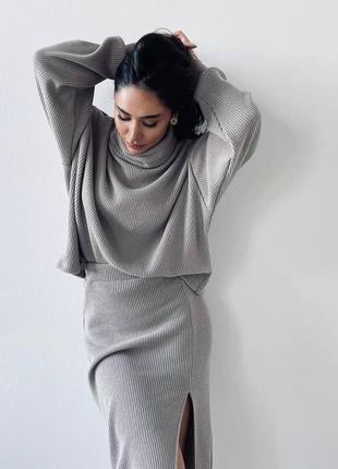 Женский идеальный базовый серый костюм кофта с воротником + карандаш юбка 2023 весна осень9 фото
