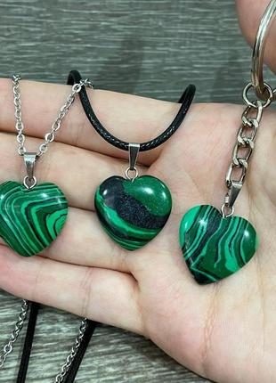 Натуральный камень малахит кулон в форме сердечка на цепочке - оригинальный подарок девушке5 фото