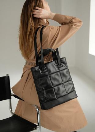 Женская сумка черная сумка с двумя ручками стеганая сумка черный шопер шоппер1 фото