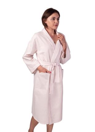 Вафельный халат luxyart кимоно размер (50-52) l 100% хлопок пудровый (ls-140)