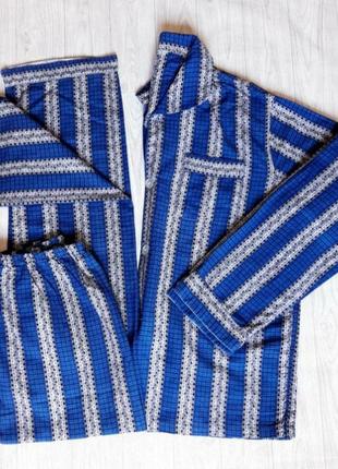 Пижама мужская, демисезонная, утепленная, рубашка на пуговицах + прямые штаны, с принтом, в полоску, с карманами, стильная,4 фото