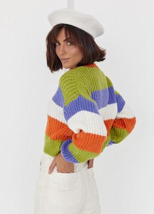 Укороченный вязаный свитер в цветную полоску - оранжевый цвет, l (есть размеры)2 фото