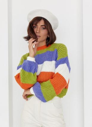 Укороченный вязаный свитер в цветную полоску - оранжевый цвет, l (есть размеры)6 фото