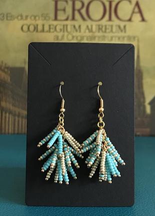 Серьги подвески из бирюзово/золотого бисера в позолоте