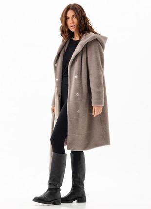 Шуба - пальто женская зимняя теплая, эко альпака, с капюшоном, средней длины, зимнее,  капучино1 фото