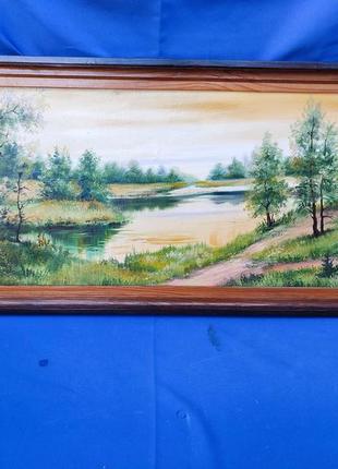 Красивая картина пейзаж рисунок масляными красками на холсте в раме природа река озеро