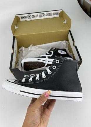 Кеды converse chuck taylor all star hi leather 132170c черные кожаные, оригинальные кеды конверс2 фото