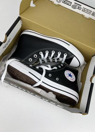 Кеды converse chuck taylor all star hi leather 132170c черные кожаные, оригинальные кеды конверс6 фото