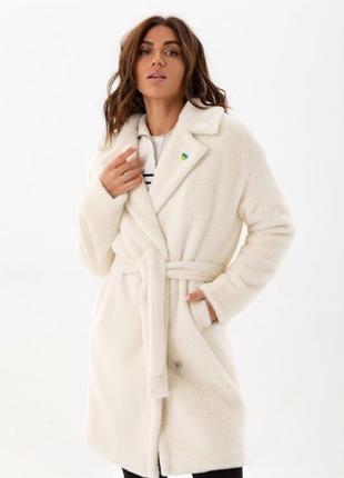 Шуба жіноча зимова, тепла, еко альпака, середньої довжини, шуба пальто, біла3 фото