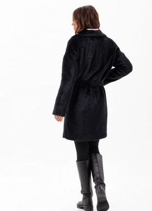 Шуба женская демисезонная, эко альпака, средней длины, шуба пальто, черная5 фото