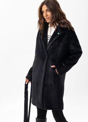 Шуба жіноча демісезонна, еко альпака, середньої довжини, шуба пальто, чорна3 фото