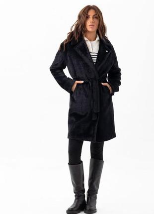 Шуба женская демисезонная, эко альпака, средней длины, шуба пальто, черная2 фото