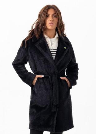 Шуба жіноча демісезонна, еко альпака, середньої довжини, шуба пальто, чорна6 фото