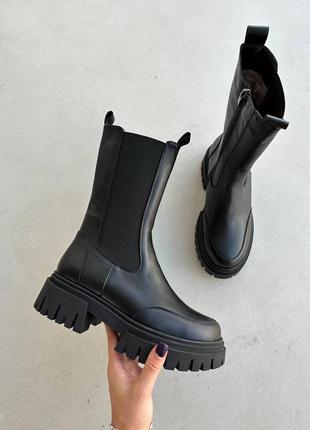 Топовые черные женские челси, ботинки зимние на повышенной подошве, кожаные/кожа-женская обувь на зиму3 фото