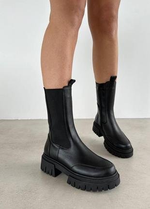 Топовые черные женские челси, ботинки зимние на повышенной подошве, кожаные/кожа-женская обувь на зиму10 фото