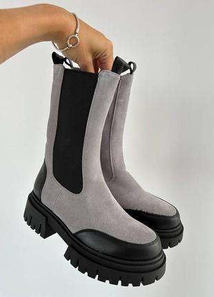 Топовые серые женские челси зимние, ботинки на высокой подошве, кожаные/кожа-женская обувь на зиму 20248 фото