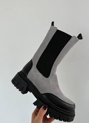 Топовые серые женские челси зимние, ботинки на высокой подошве, кожаные/кожа-женская обувь на зиму 202410 фото