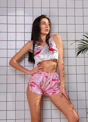 Распродажа! женская шелковая пижама с фламинго шорты топ - женская шелковая пижама