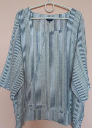 Біла в синю смужку льняна блузка, блуза льон, полосатая блузка лён батал 56-58 р.