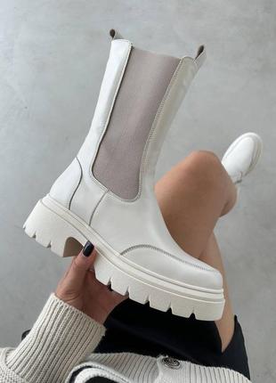 Стильні молочні челсі зимові,черевики на високій підошві,шкіряні/шкіра-жіноче взуття на зиму 2024