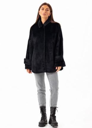 Предзаказ пальто женское элегантное, оверсайз, с фигурным низом, демисезонное, альпака, черный3 фото