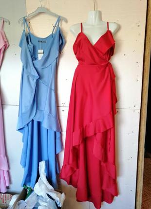Шикарна неймовірно красива сукня сарафан на запах зі штучного шовку легка струменева тканина волани6 фото