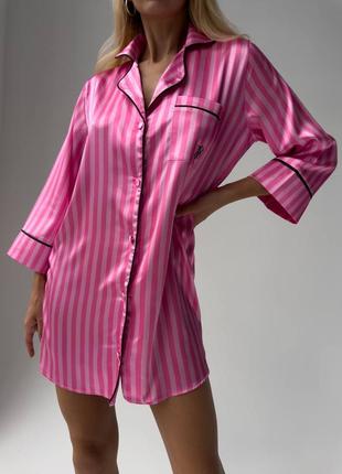 Женская рубашка ночнушка шелк с кантом логотип 2 цвета полоска