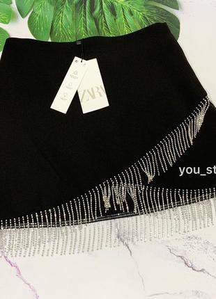 Женская черные короткая мини юбка со стразами зара zara 8658/7077 фото