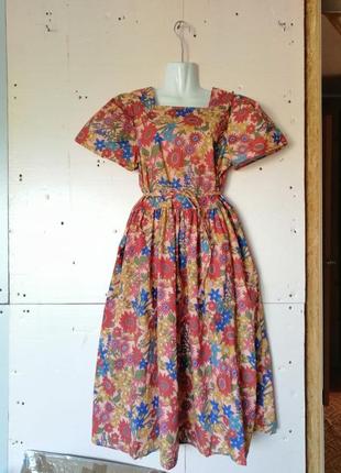Бавовняна сукня міді квітковий принт пишний рукав спідниця матеріал чудово тримає форму поясок у ком1 фото