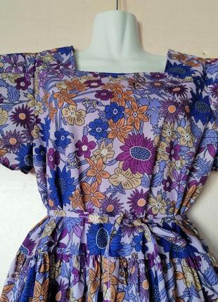 Бавовняна сукня міді квітковий принт пишний рукав спідниця матеріал чудово тримає форму поясок у ком6 фото