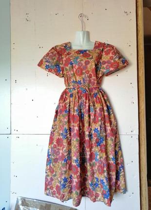 Бавовняна сукня міді квітковий принт пишний рукав спідниця матеріал чудово тримає форму поясок у ком5 фото