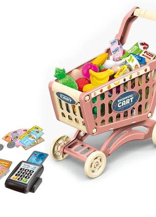 Ігровий набір візок з продуктами дитячий 52 предмета + іграшкові скарби + термінал рожева