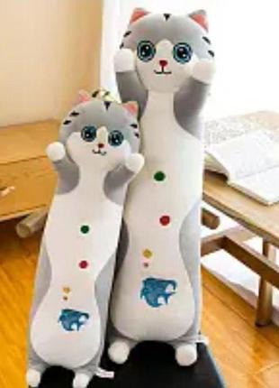 Детская игрушка кот батон с узором 60см, забавная мягкая подушка-обнимашка, серый1 фото