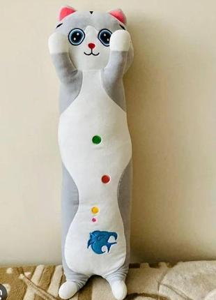 Детская игрушка кот батон с узором 60см, забавная мягкая подушка-обнимашка, серый2 фото