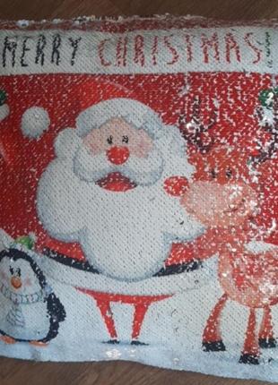 Подушка декоративна подарункова паєтки перевертання Різдво1 фото