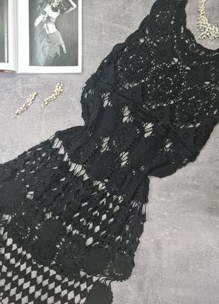 Пляжная вязаная кружевная туника платья черная полупрозрачная сетка1 фото