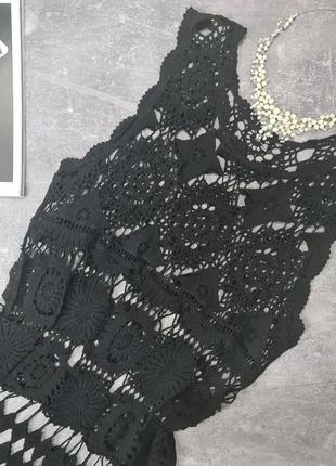 Пляжная вязаная кружевная туника платья черная полупрозрачная сетка3 фото