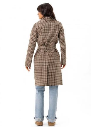 Пальто женское миди оверсайз, демисезонное, шерстяное, двубортное на пуговицах, в клетку, коричневое7 фото