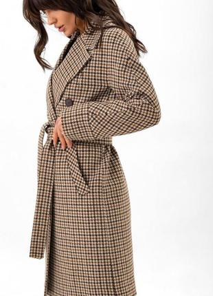 Пальто женское миди оверсайз, демисезонное, шерстяное, двубортное на пуговицах, в клетку, коричневое3 фото