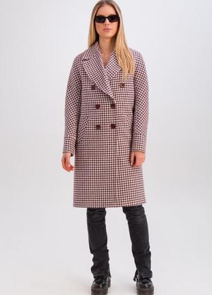 Пальто женское миди оверсайз, демисезонное, шерстяное, двубортное клетчатое,  гусиная лапка, бордо2 фото