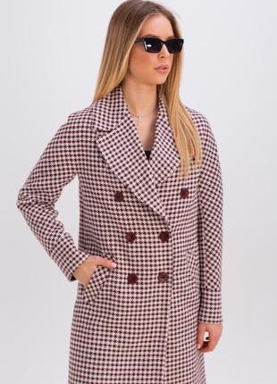 Пальто женское миди оверсайз, демисезонное, шерстяное, двубортное клетчатое,  гусиная лапка, бордо3 фото