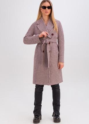Пальто женское миди оверсайз, демисезонное, шерстяное, двубортное клетчатое,  гусиная лапка, бордо5 фото